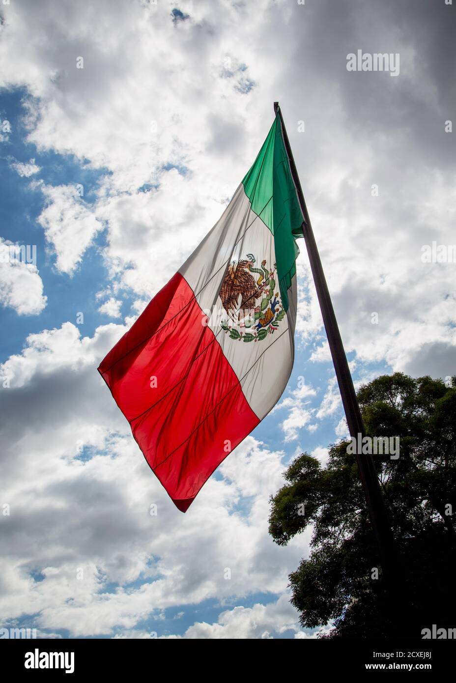 Die mexikanische Flagge fliegt vor einer meist wolkigen Himmel Stockfoto