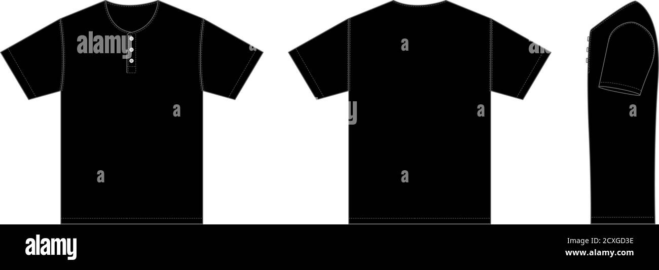 Kurzarm-Hemd (Henry-Ausschnitt) Vorlage Vektorgrafik mit Seitenansicht / schwarz Stock Vektor