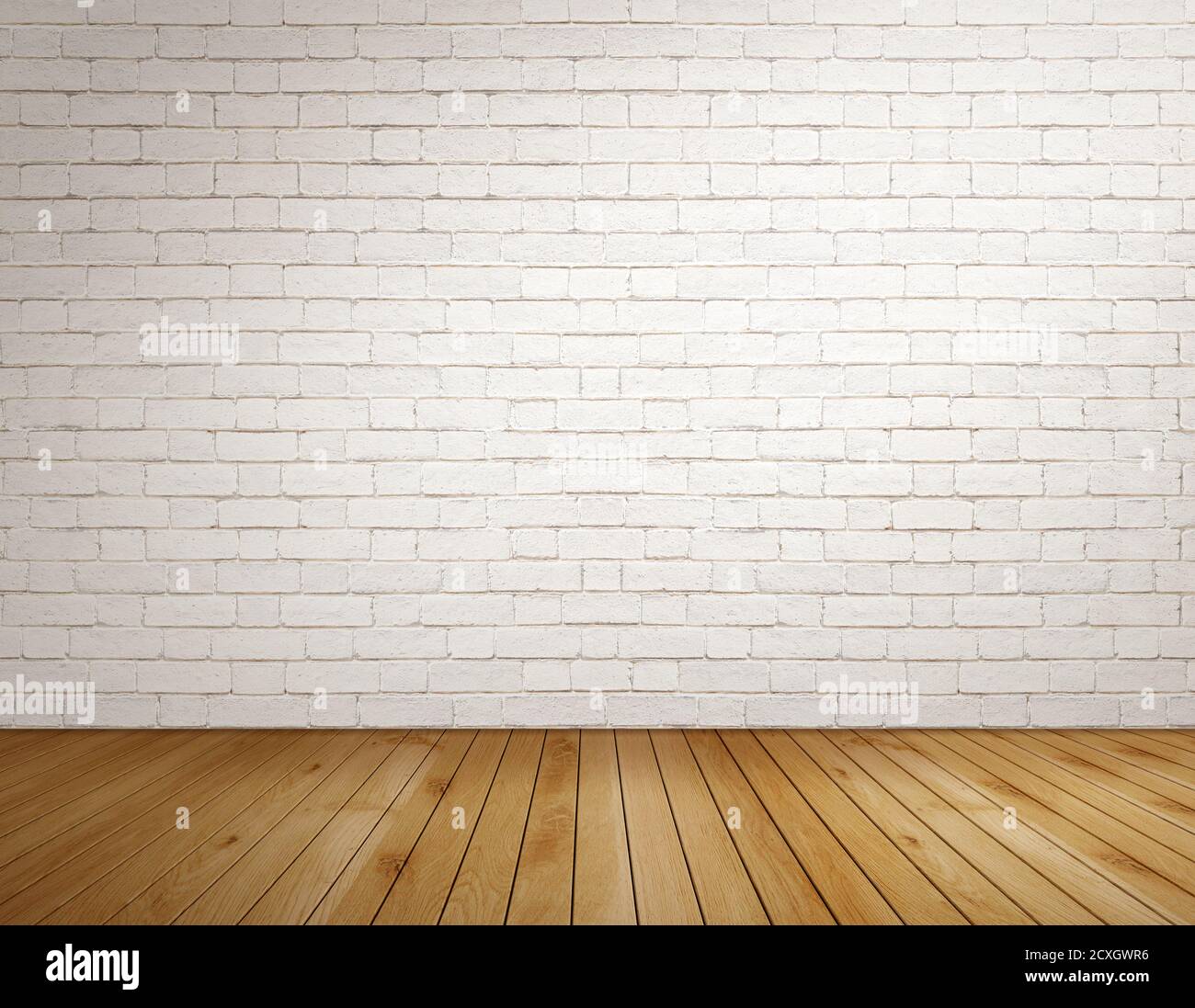Leeres Zimmer mit weißer Ziegelwand auf Holzboden Stockfoto