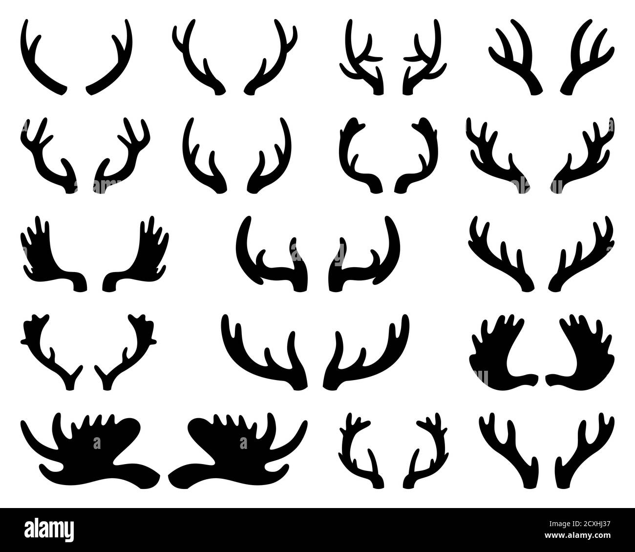 Silhouette von Hirsch und Elchgeweih. Hupen. Vektorgrafik auf weißem, isoliertem Hintergrund. Stockfoto