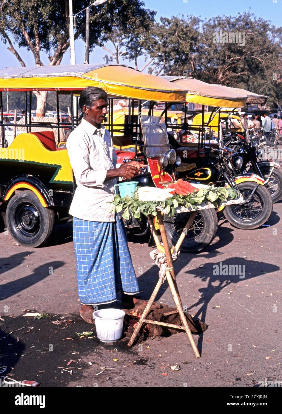 Imbissstand am Straßenrand und Verkäufer mit einem Fahrradtaxi-Stand hinter dem Roten Fort, Delhi, Delhi Union Territory, Indien. Stockfoto