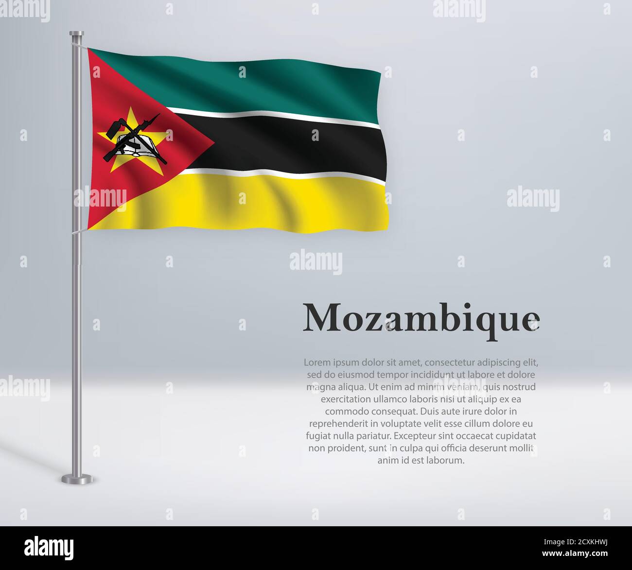 Winkende Flagge Mosambiks auf Fahnenmast. Vorlage für Unabhängigkeit Stock Vektor