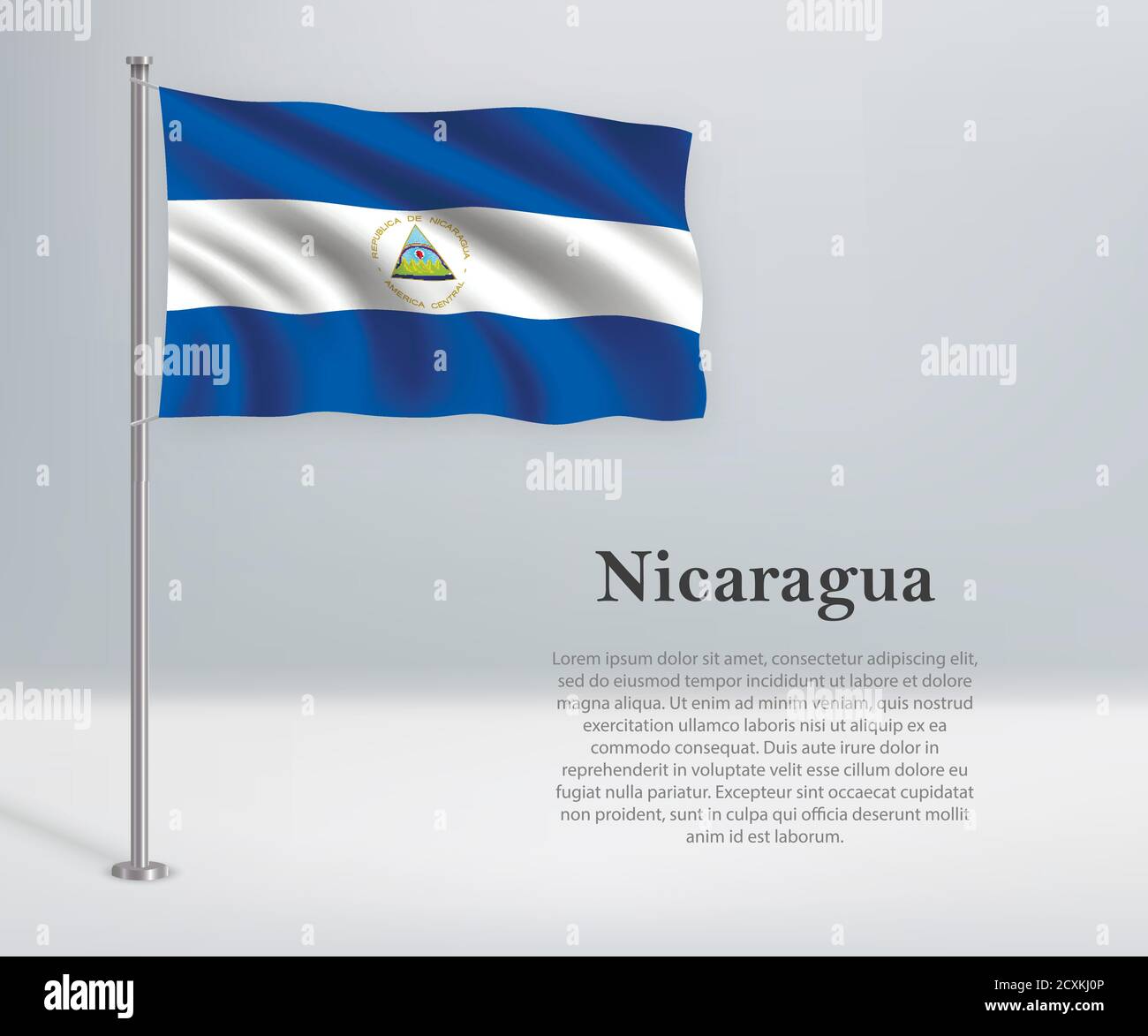 Winkende Flagge Nicaraguas auf Fahnenmast. Vorlage für Unabhängigkeit Stock Vektor