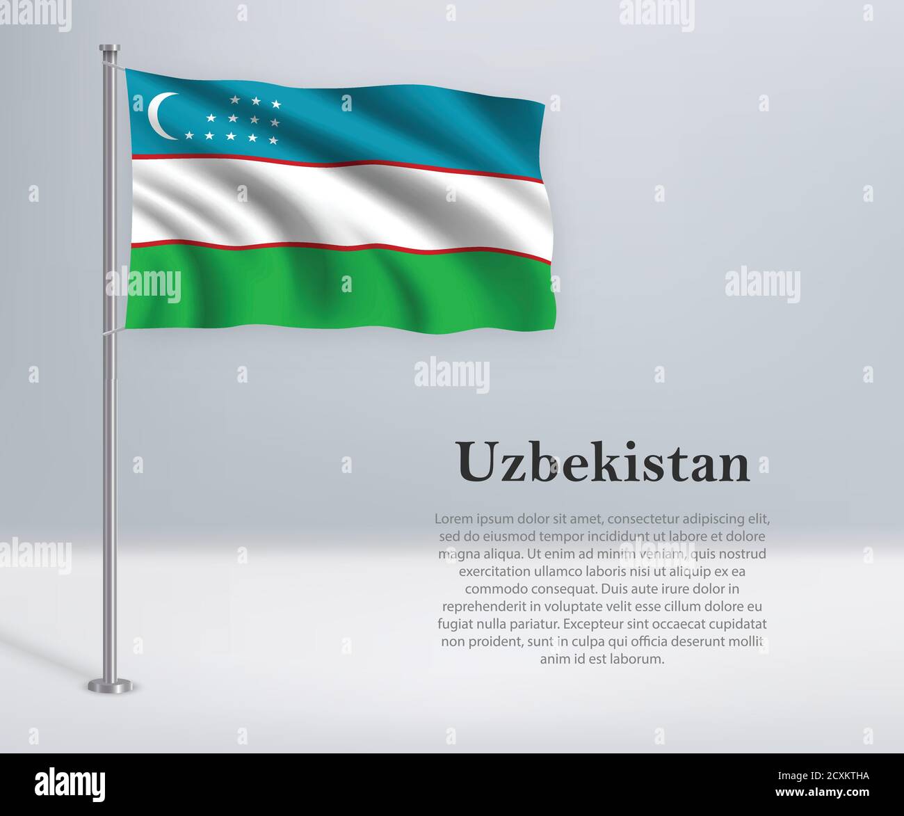 Schwenkende Flagge Usbekistans auf Fahnenmast. Vorlage für Unabhängigkeit Stock Vektor