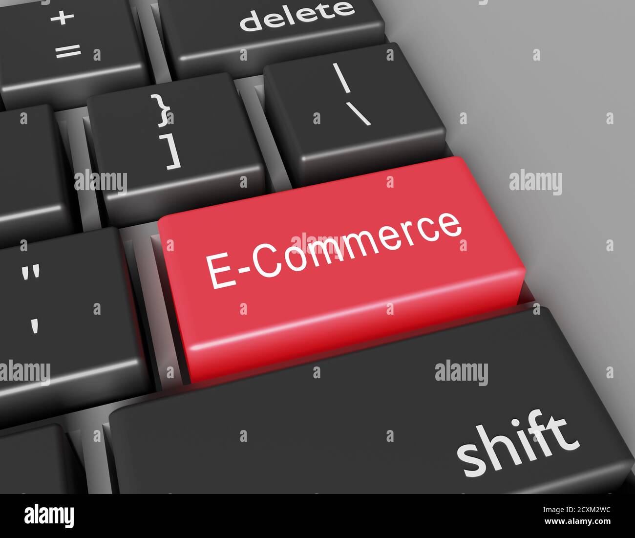 E-Commerce-Konzept. Word E-Commerce auf Taste der Computertastatur. 3d-Rendering Stockfoto
