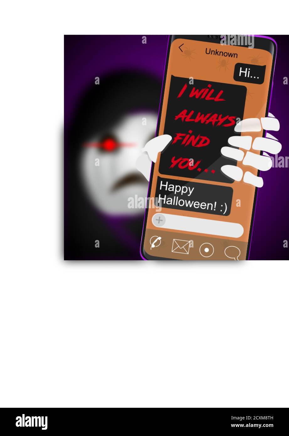 Kürbisschädel mit Telefon und gruselige Nachricht. Poster für Halloween. Vektorgrafik Stock Vektor
