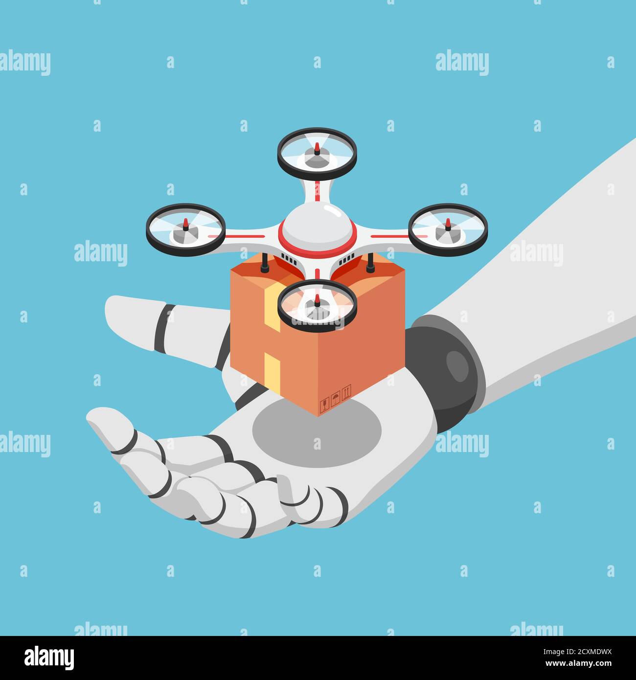 Flacher 3d isometrischer KI-Roboter mit knstlicher Intelligenz Hand, der  Quadcopter oder Drohne mit einem Paket hlt. KI Knstliche Intelligenz und  Drohnenlieferung con Stock-Vektorgrafik - Alamy