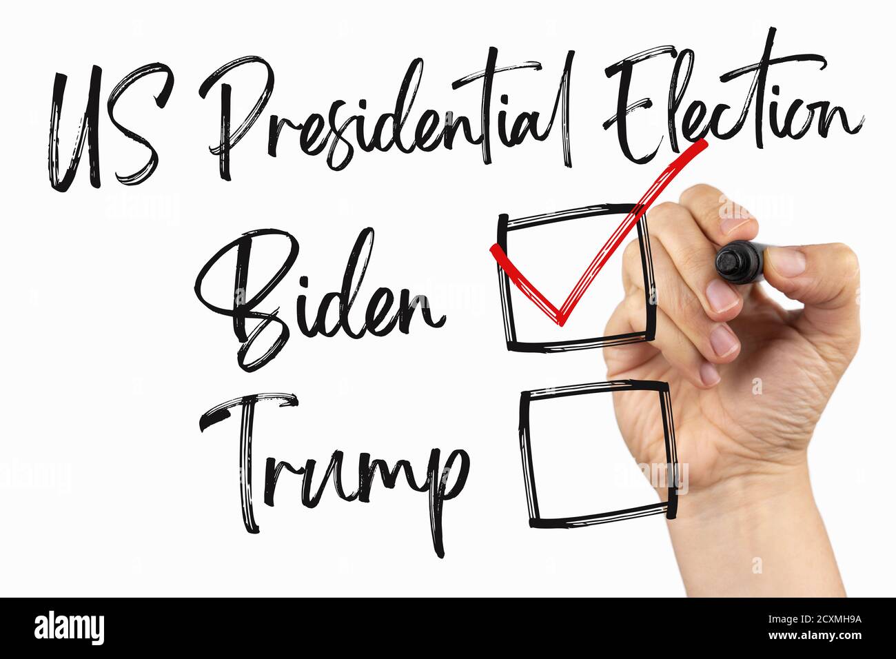 Wählen Sie einen neuen Präsidenten, US-Wahlen 2020 mit Checkbox. Doodle auf einem Whiteboard, geschrieben mit schwarzem Marker in einer Hand. Skizziertext auf Weiß einschreiben Stockfoto