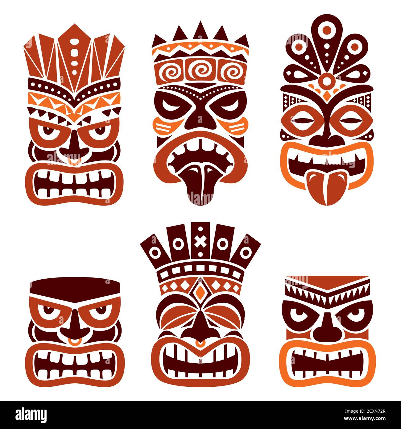 Hawaiian und Polynesien Tiki Kopf Totem Vektor Design Set- Tribal Volkskunst in braun auf weißem Hintergrund Stock Vektor