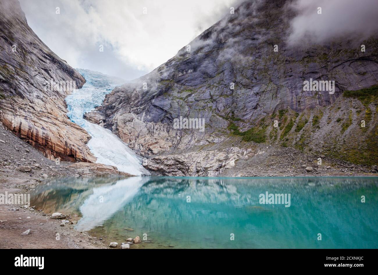 Vestland County, Norwegen. Briksdal Gletscher im Jostedalsbreen Nationalpark. Stockfoto