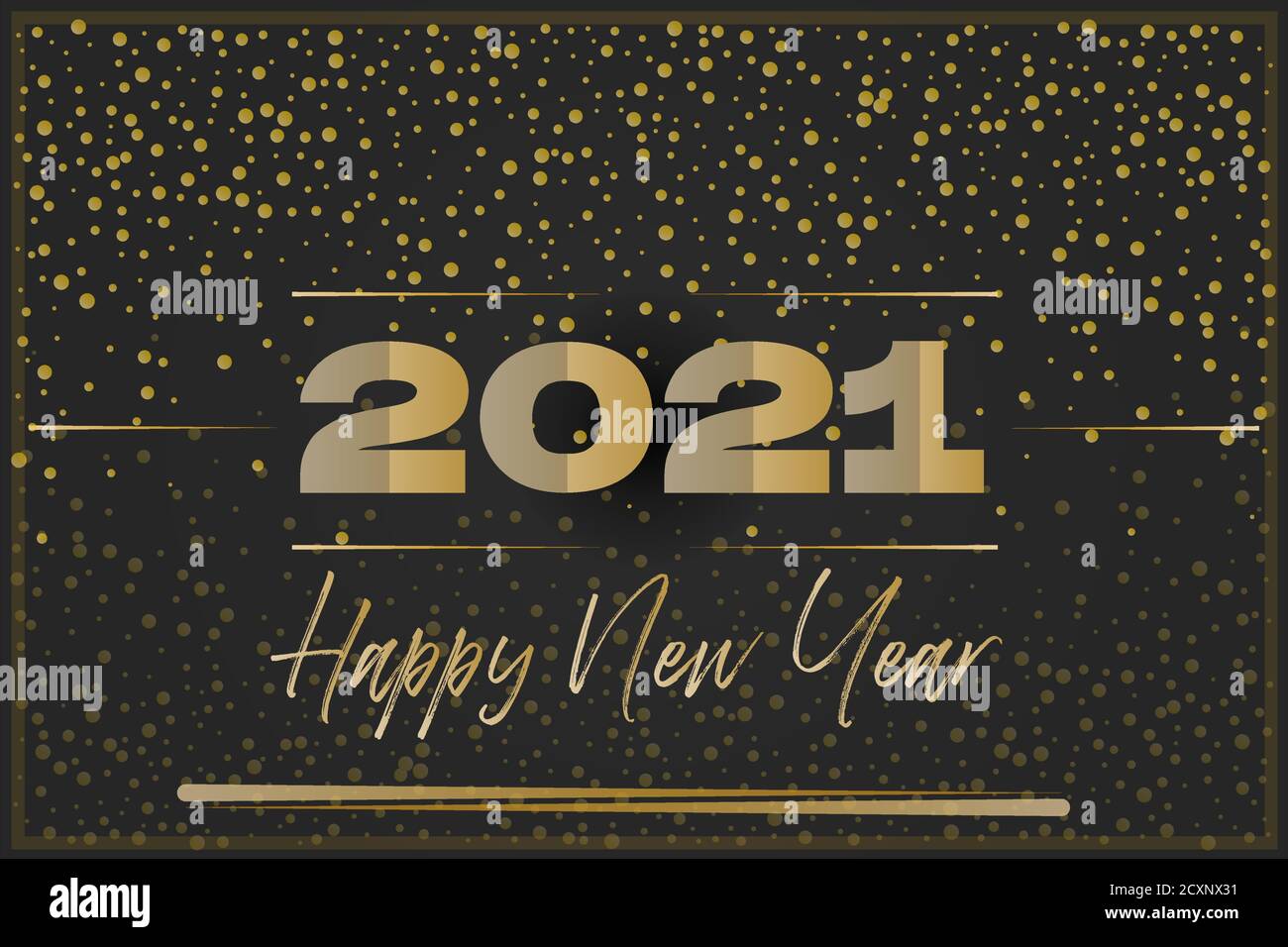 2021 Frohes Neues Jahr - Goldene Zahlen mit Text und funkelt auf dunklem Hintergrund - Neujahrsgrusskarte 2021. Vektor EPS editierbare Illustration Stock Vektor