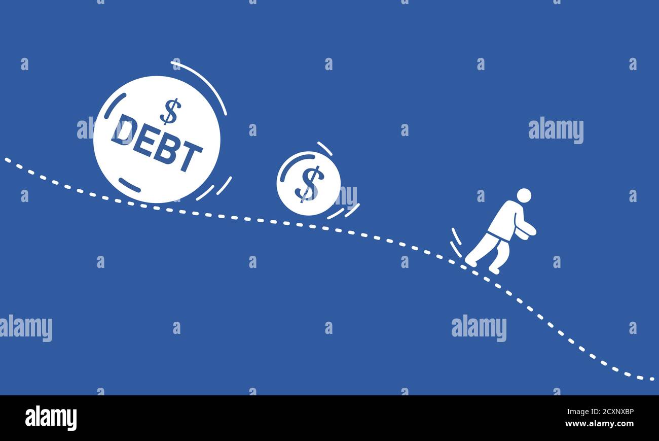 Geschäftsmann läuft weg von großen Stein mit Nachricht Schulden. Vektor-Icon-Konzept. Stock Vektor