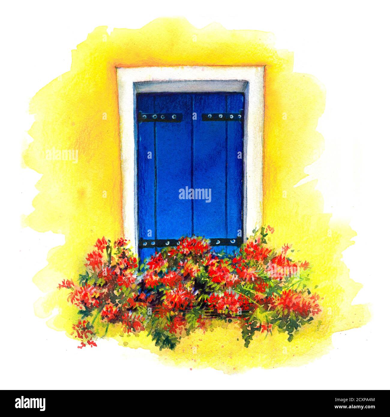 Aquarell-Skizze des Fensters mit blauen Fensterläden und roten Blumen auf der gelben Wand der Häuser auf der Insel Burano, Venedig, Italien. Aquarell Stockfoto