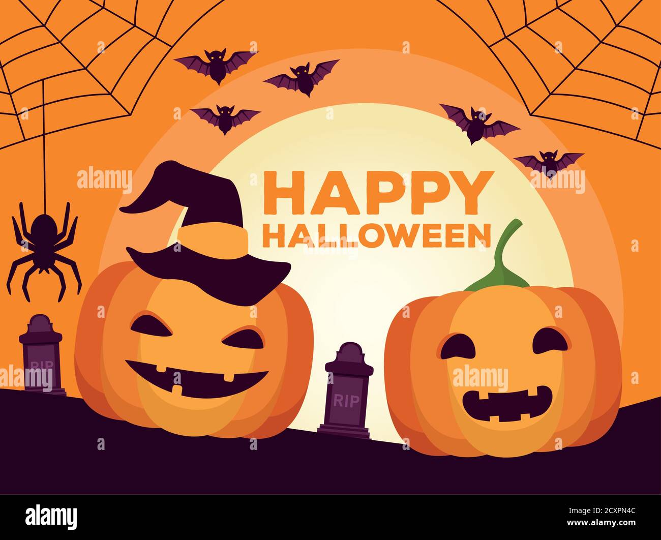 Fröhliche halloween-Feierkarte mit Kürbissen und Fledermäusen auf dem Friedhof Szene Vektor Illustration Design Stock Vektor