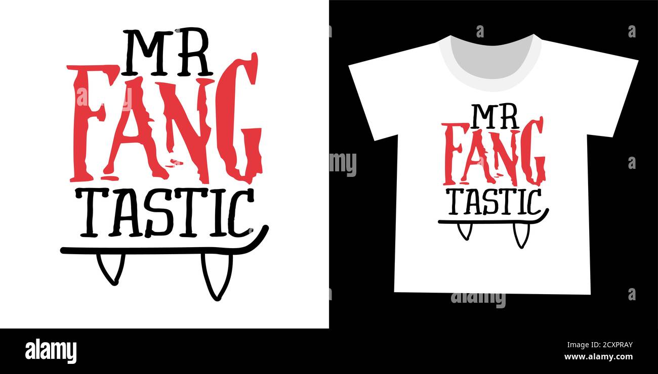 Mr Fang tastic (Funtastic) - lustiges Zitat-Design mit niedlichen Vampirzähnen. Halloween Kalligraphie Zeichen für Druck. Entzückendes Halloween Poster mit Schriftzug Stock Vektor