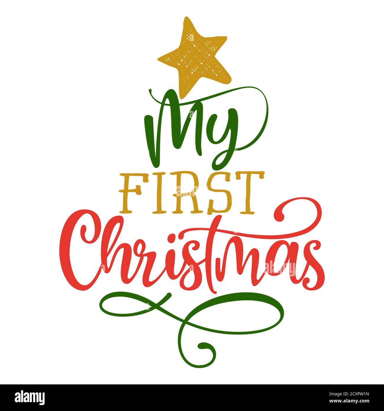 Meine erste (1.) Weihnachten - Grußkarte. Moderne Pinsel Kalligraphie. Isoliert auf weißem Hintergrund. Handgezeichnete Schriftzüge für Weihnachtskarten, invita Stock Vektor