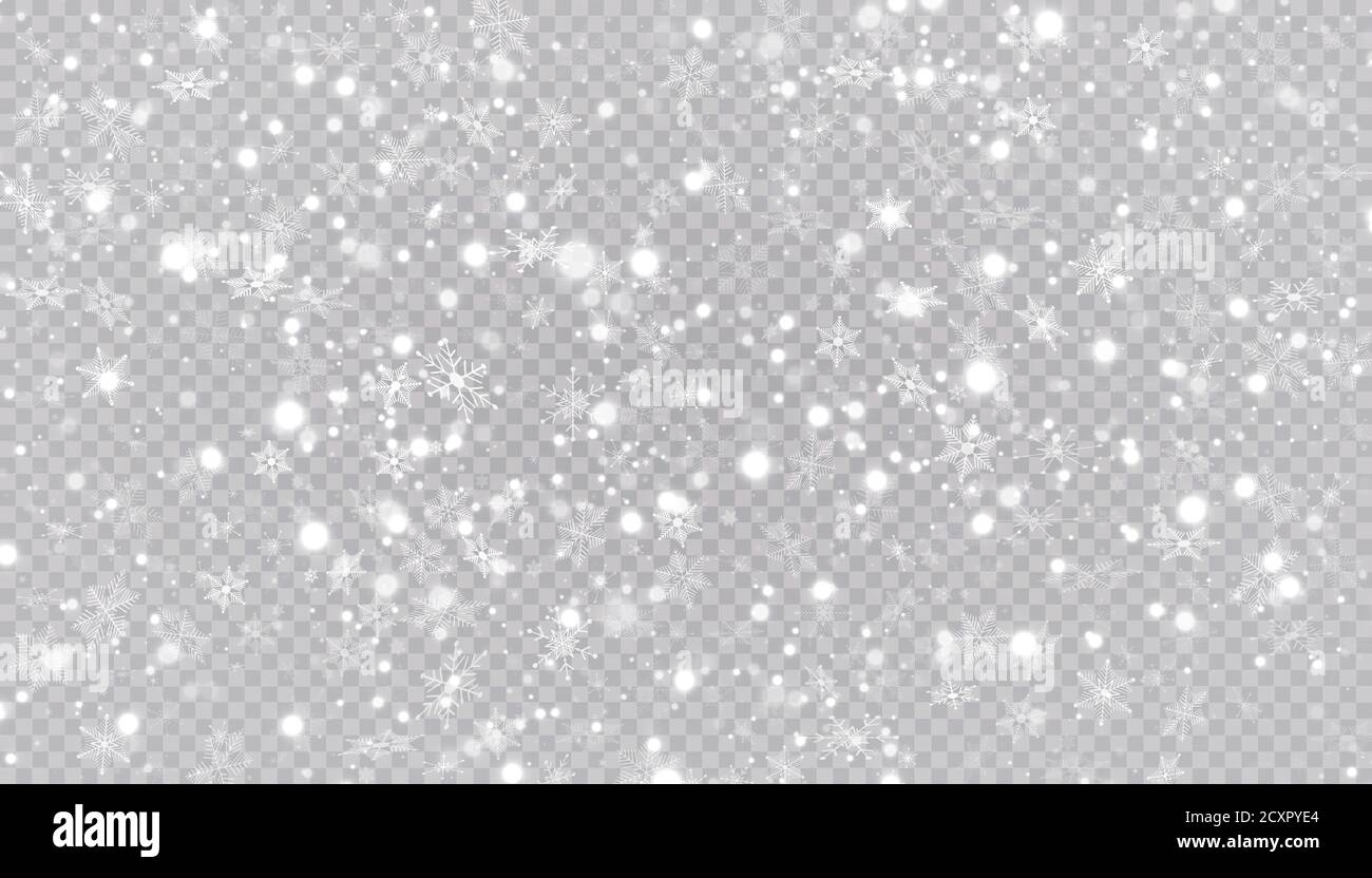 Weißer Schnee fliegt auf einem transparenten Hintergrund. Weihnachten Schneeflocken. Winter Schneesturm Hintergrund Illustration. Stock Vektor