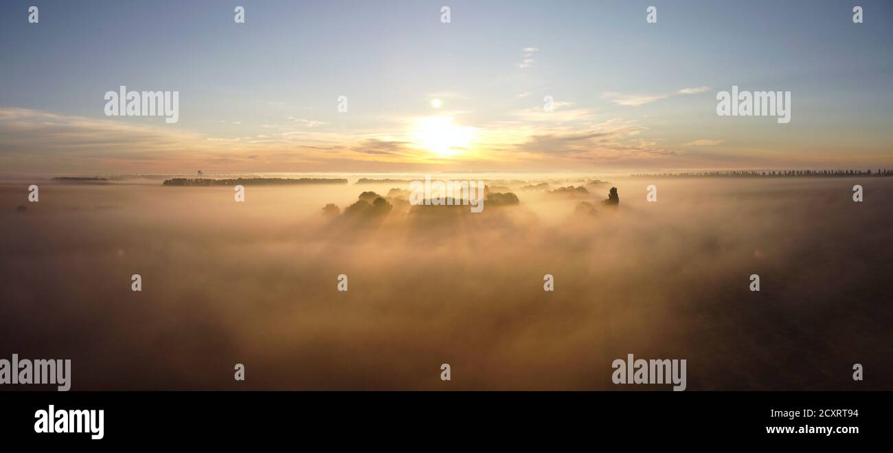 Morgennebel, Sonnenstrahlen und lange Schatten im Nebel, der sich zwischen den Bäumen im Tal in der Nähe des Dorfes erstreckte. Stockfoto