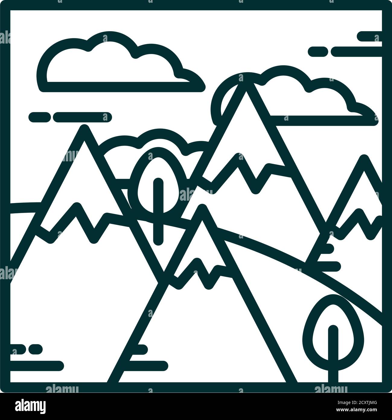 Landschaft Berge alpen Schnee Bäume Gras Wolken Himmel Cartoon Linie Vektordarstellung im Symbolstil Stock Vektor