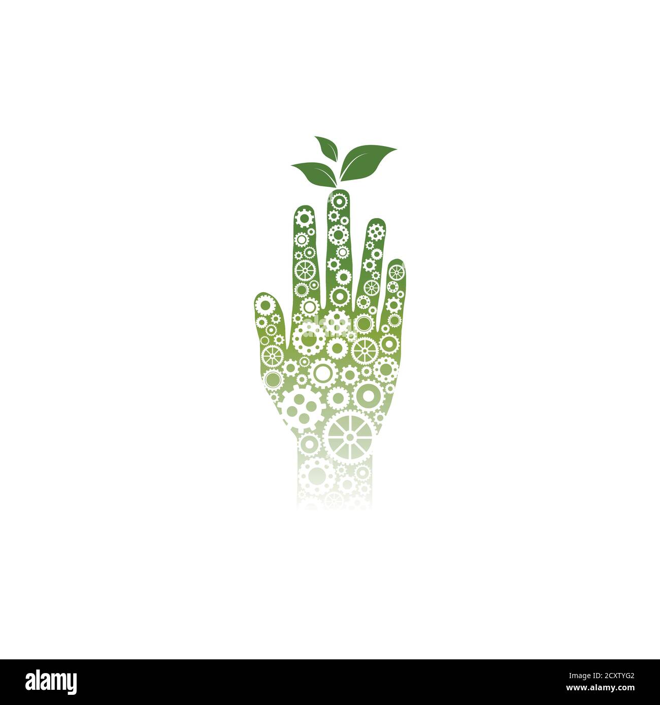 Grüne menschliche Hand aus kleinen weißen Zahnrädern und Rädern. Drei zarte Blätter wachsen auf dem Finger. Isoliert auf Weiß. Symbol für umweltfreundliche Technologie. Gehen Sie grün. Stock Vektor