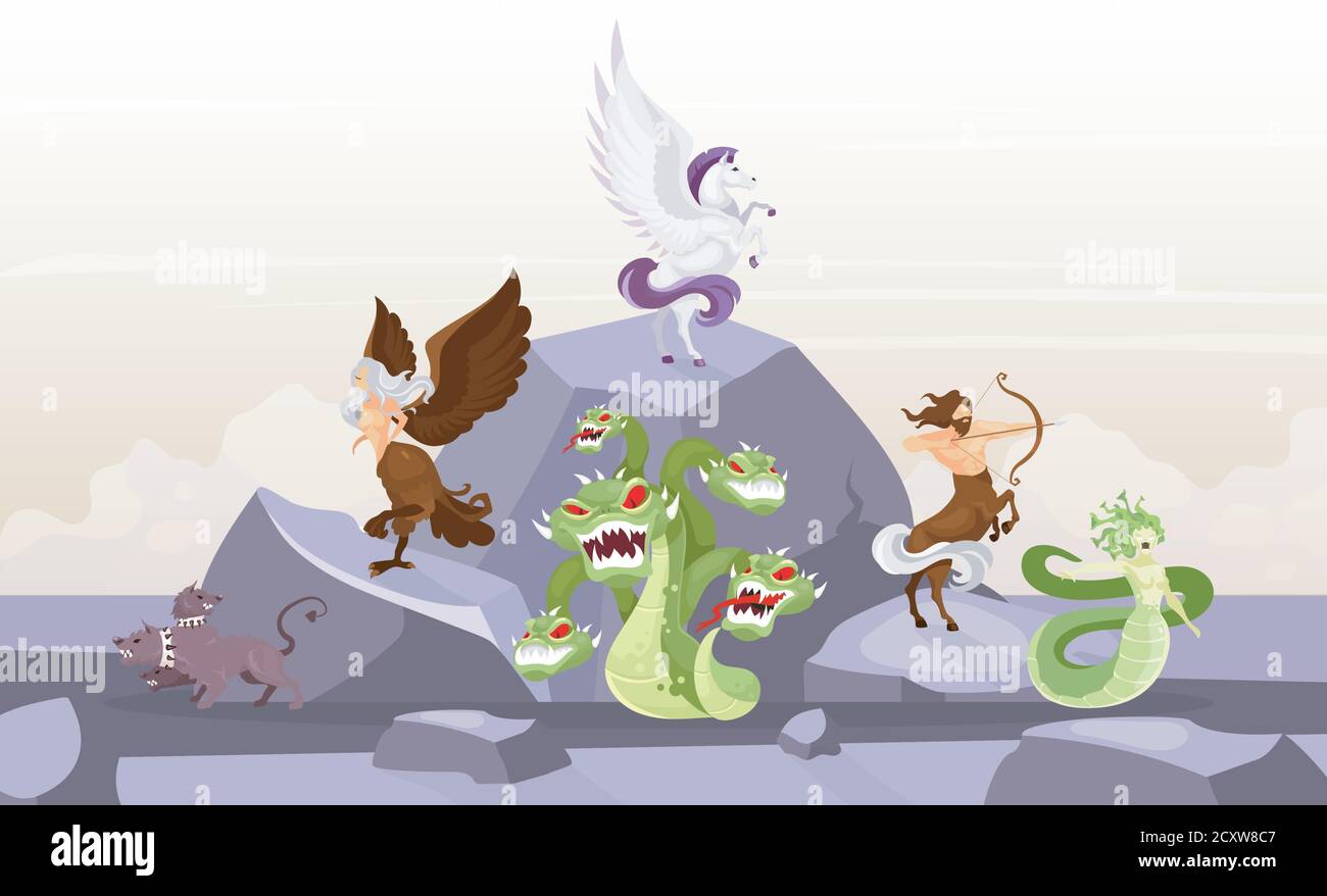 Mythologische Kreaturen flache Vektor-Illustration Stock Vektor Mythologische Kreaturen flache Vektor-Illustration Stock Vektor
