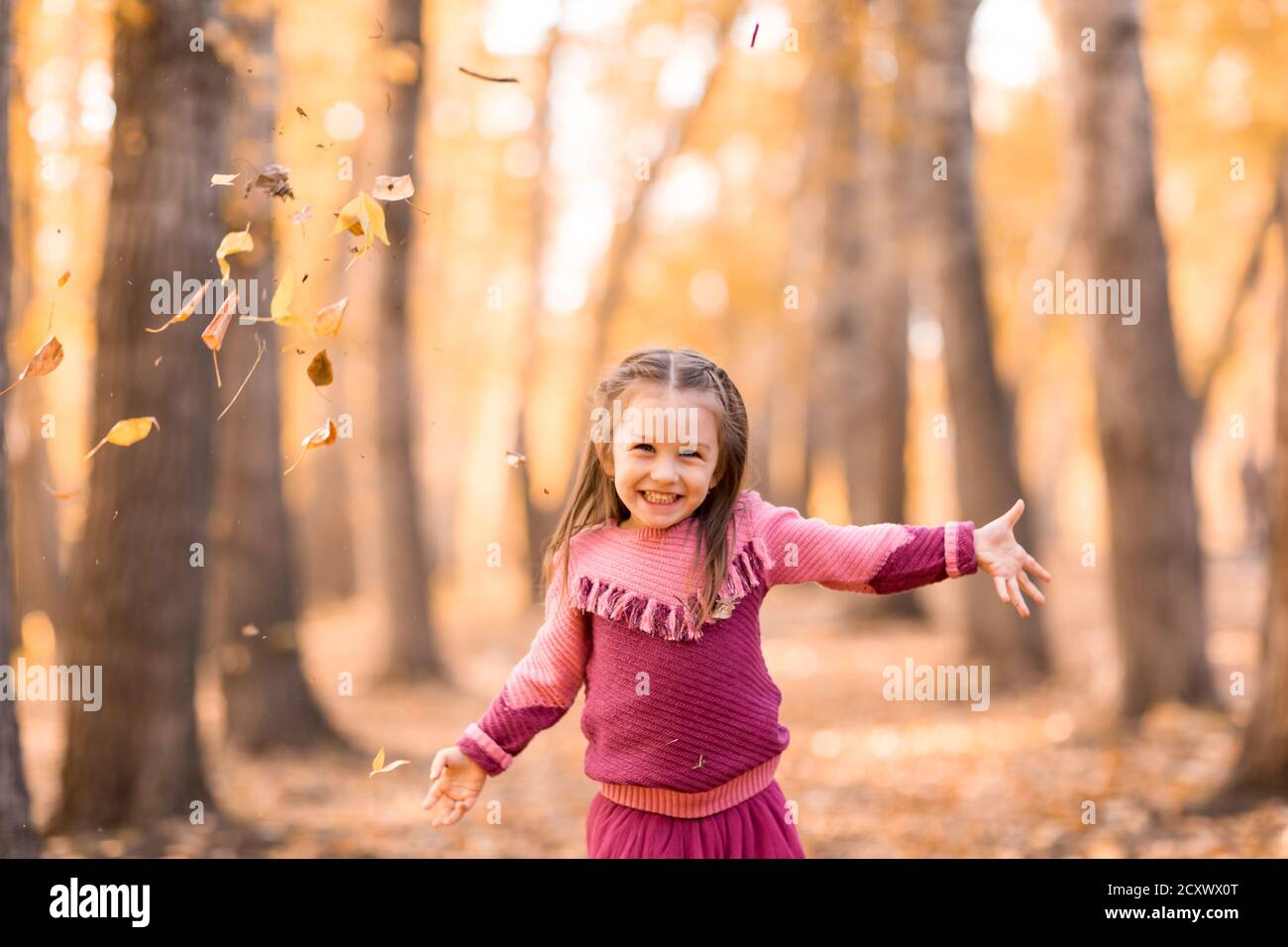 Nettes kleines Mädchen im Herbst Park mit orange und gelb Farbblätter Stockfoto
