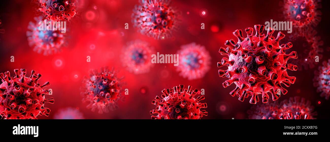 Covid-19 oder SARS-CoV-2 in Flüssigkeit - Coronavirus auf rotem Hintergrund - 3d Illustration Stockfoto