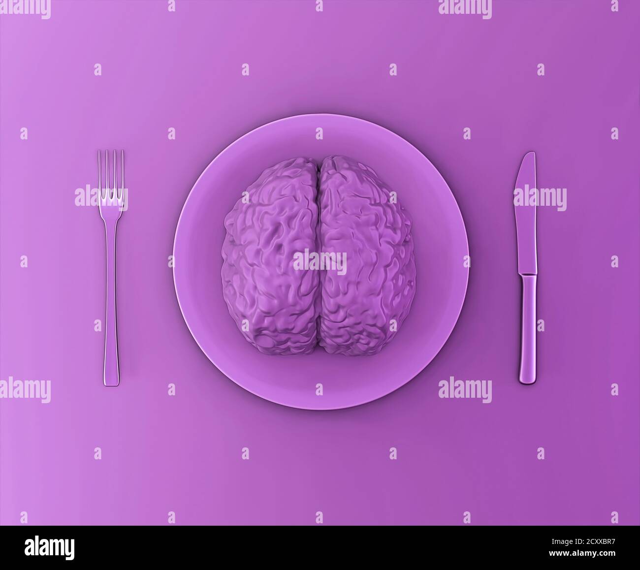 Das menschliche Gehirn als Nahrung, Missbrauch, Liebesbeziehung oder Brainstorming Konzept. Menschliches Gehirn auf einem Teller mit Gabel und Messer, 3d-Illustration Stockfoto