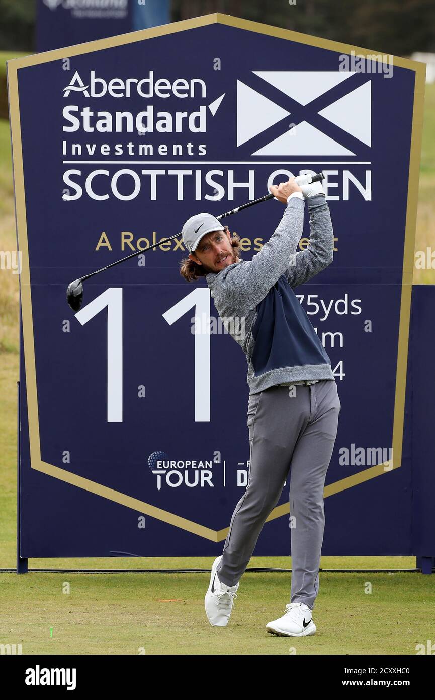 Englands Tommy Fleetwood am 11. Abschlag während der ersten Runde der Aberdeen Standard Investments Scottish Open im Renaissance Club, North Berwick. Stockfoto