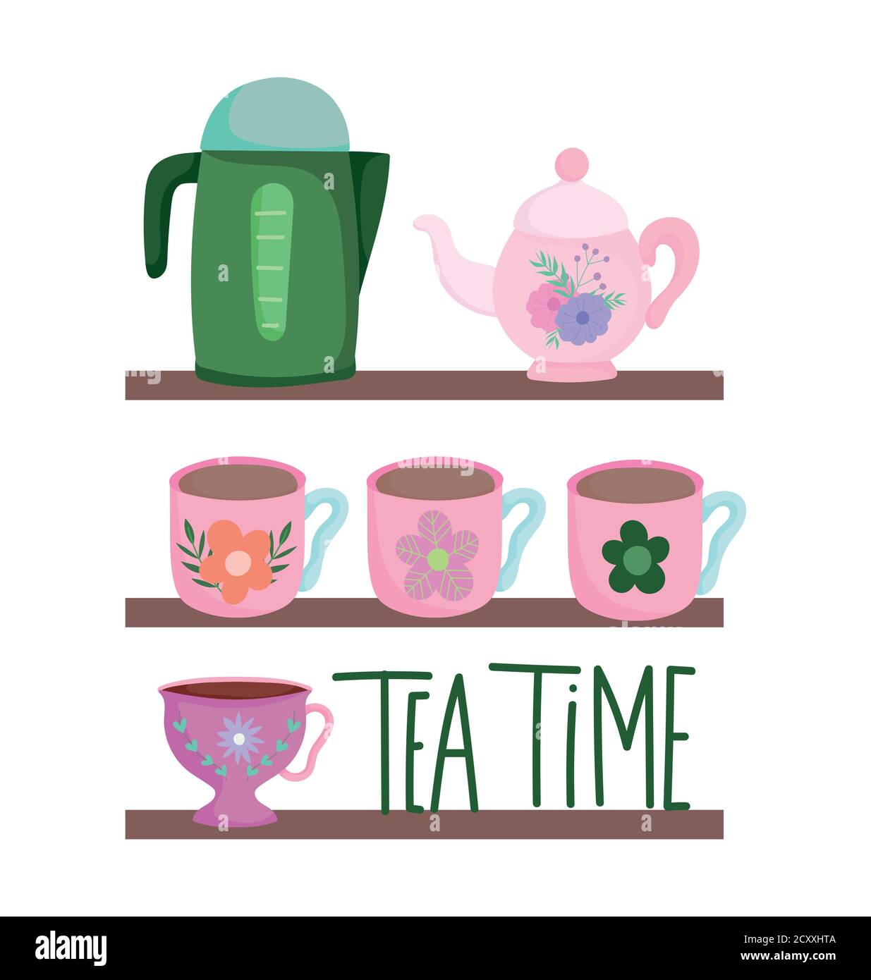 Tea Time, Regale mit vielen Tassen Wasserkocher Blumen Dekoration, Küche  Keramik Trinkgeschirr, floral Design Cartoon Vektor Illustration  Stock-Vektorgrafik - Alamy