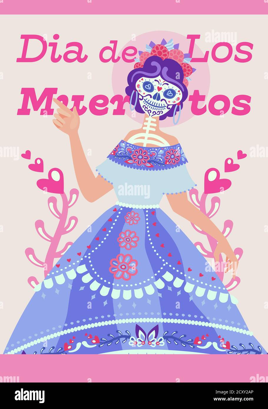 Modernes Layout von Plakat für Tag der Toten. Nette mexikanische Skelett Frau Charakter Catrina, Zucker-Palette Stock Vektor