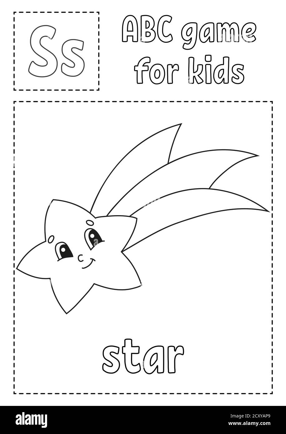 Der Buchstabe S steht für Stern. ABC-Spiel für Kinder. Alphabet Malseite. Zeichentrickfigur. Wort und Buchstabe. Vektorgrafik. Stock Vektor