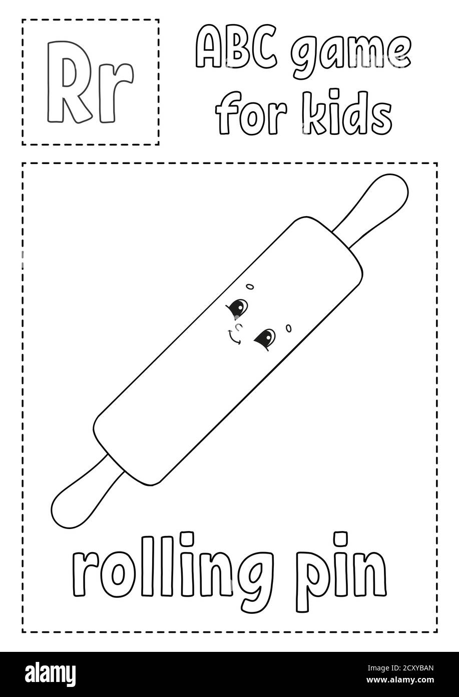 Der Buchstabe R ist für das Nudelholz. ABC-Spiel für Kinder. Alphabet Malseite. Zeichentrickfigur. Wort und Buchstabe. Vektorgrafik. Stock Vektor
