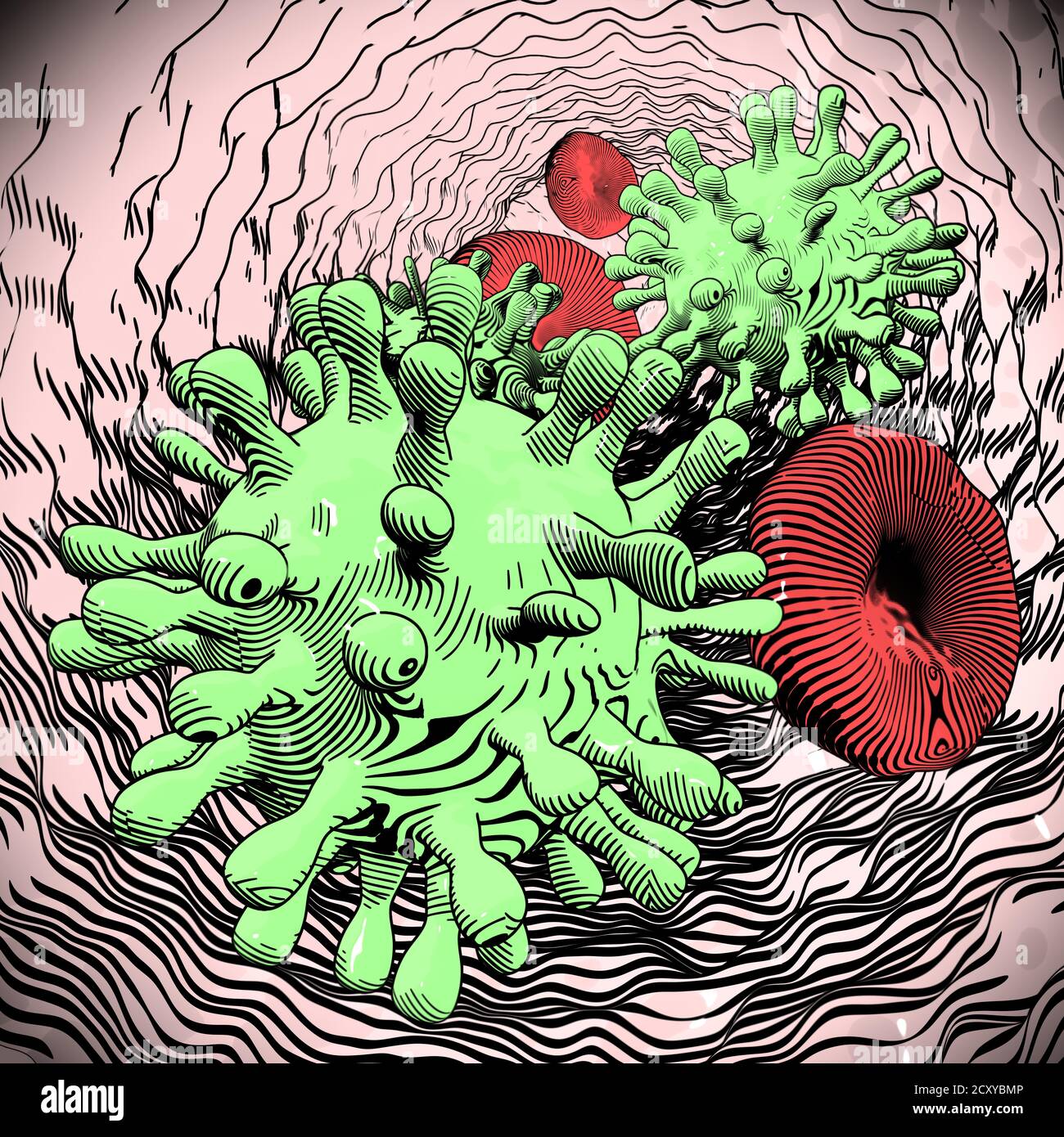 Abbildung zeigt Coronavirus und rote Bllod-Zellen vergeblich. Dieses Virus könnte gefährlich oder tödlich wie SARS sein. Stockfoto