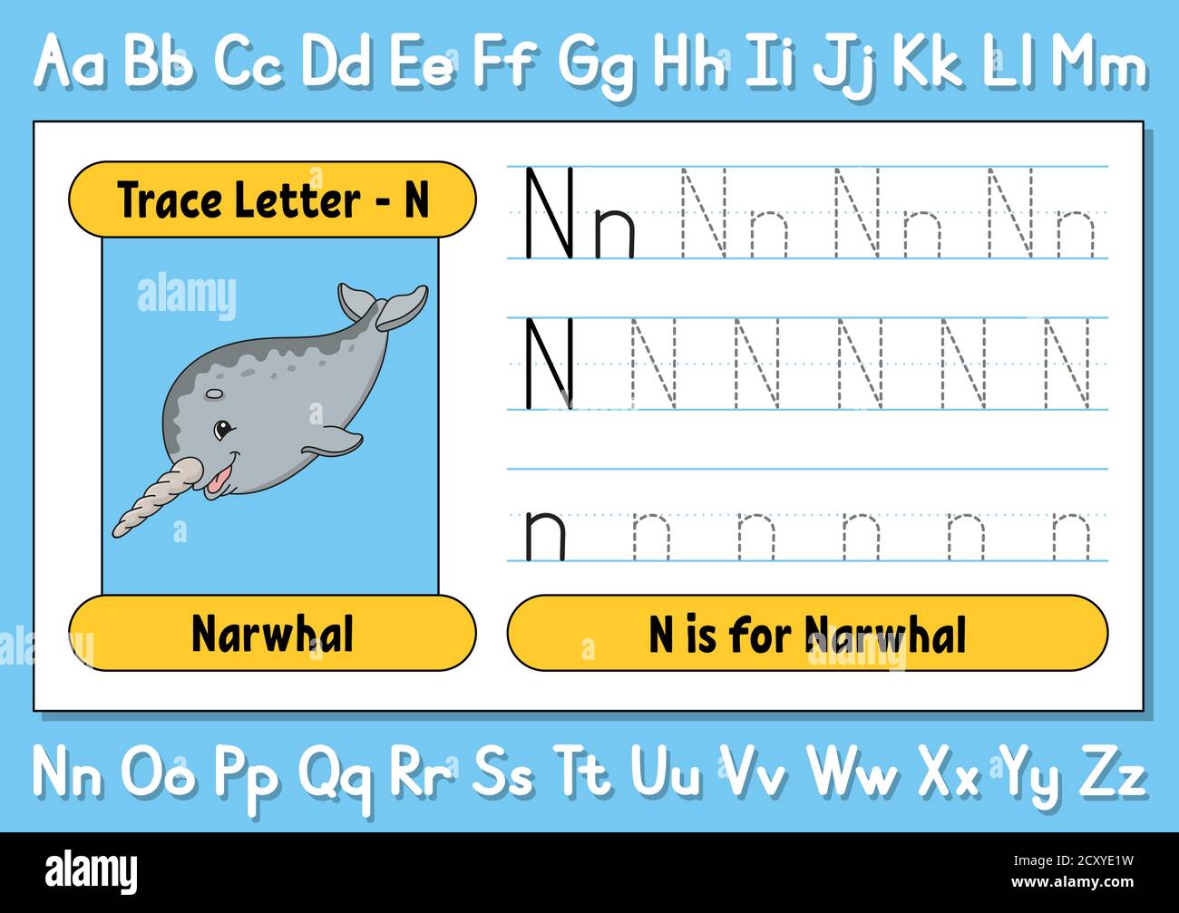 Buchstaben verfolgen. Schreibpraxis. Arbeitsblatt zur Ablaufverfolgung für Kinder. Alphabet lernen. Niedlicher Charakter. Vektorgrafik. Cartoon-Stil. Stock Vektor