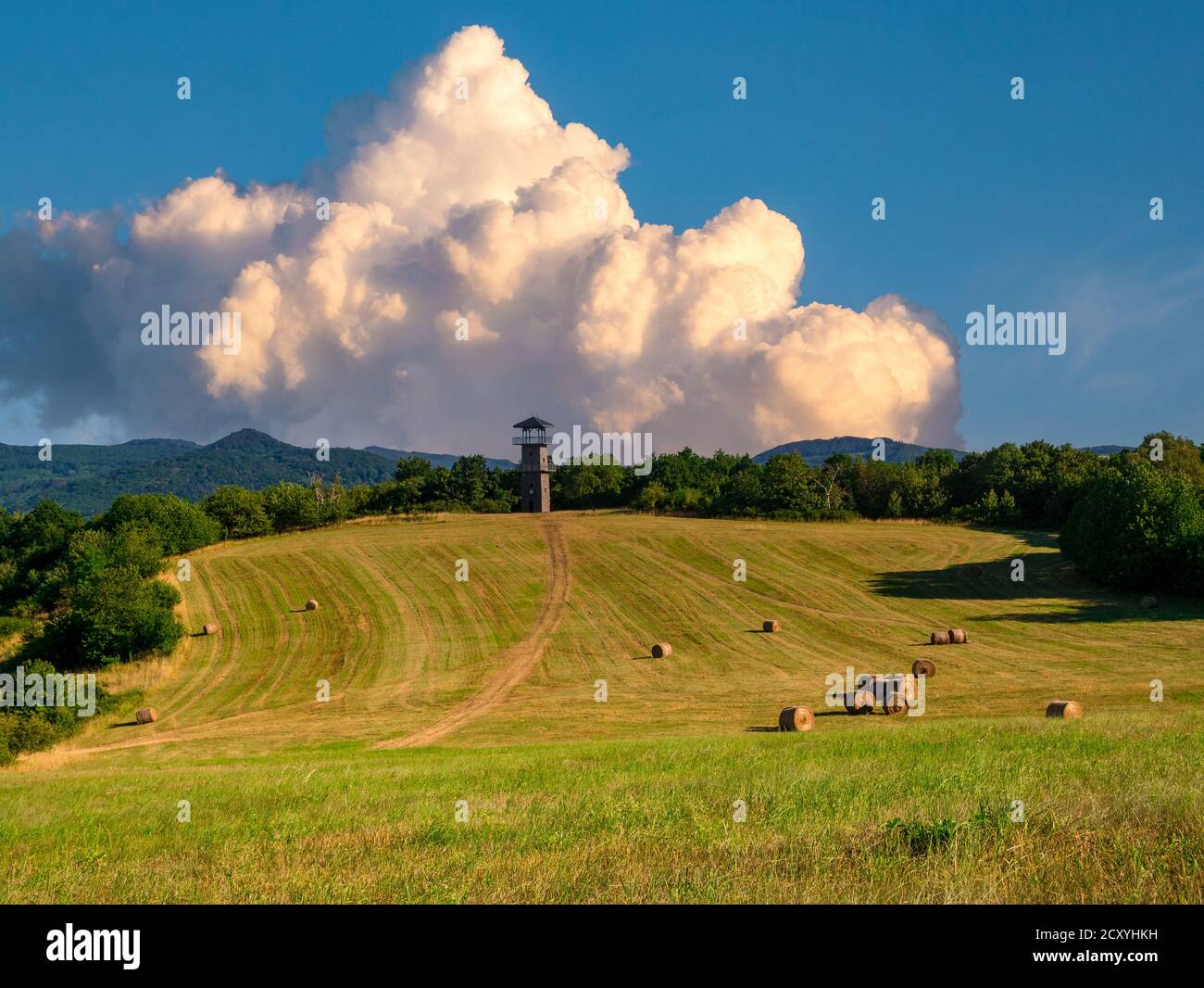 Eine Wiese mit runden Strohballen und einem Aussichtspunkt Turm am Rande und eine massive Wolke auf blau Himmel Stockfoto