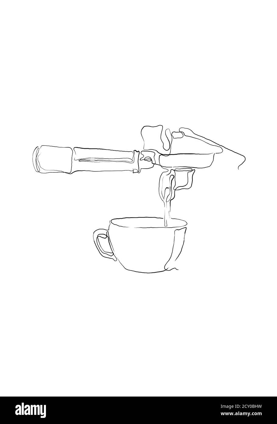 Kontinuierliche eine Linie Zeichnung der Tasse Kaffee und Maschine. Linie Café Illustration. Heißgetränk Kaffee oder Tee mit schönen Tasse und Strom Rauch Zeichnung Stockfoto