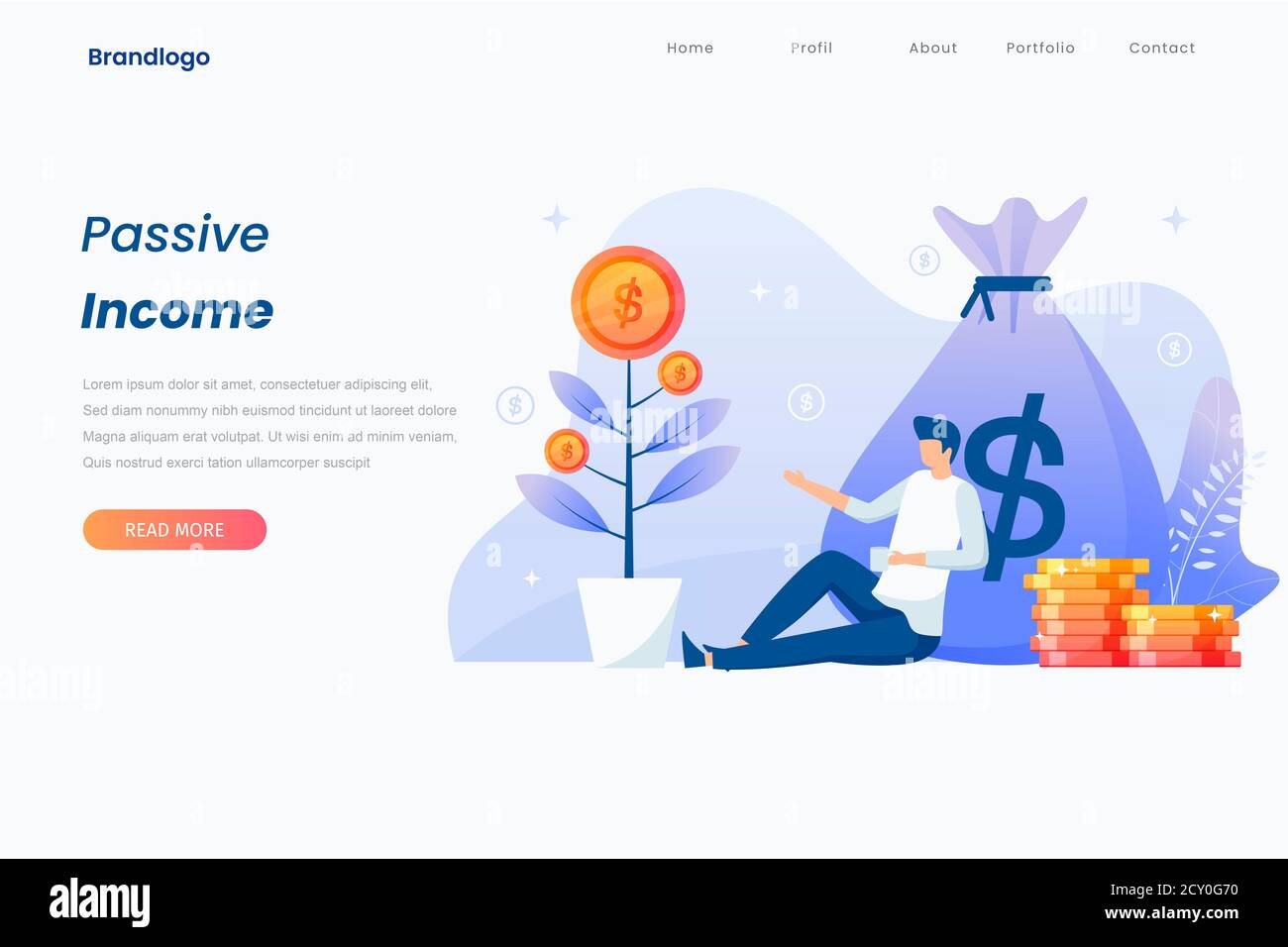 Passives Einkommen Illustration Landing Page Konzept. Dieses Design kann für Websites, Landing Pages, UI, mobile Anwendungen, Poster, Banner verwendet werden Stockfoto