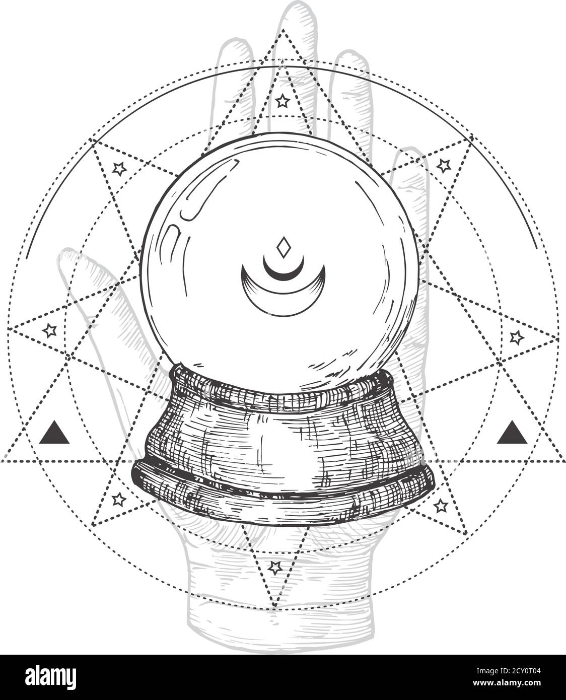 Abstraktes Okkult-Symbol, Vintage-Logo oder Tattoo-Vorlage. Handgezeichneter Glückskugel aus Kristall mit Handhand-Sketch-Symbol und geometrischer Mystik Stock Vektor