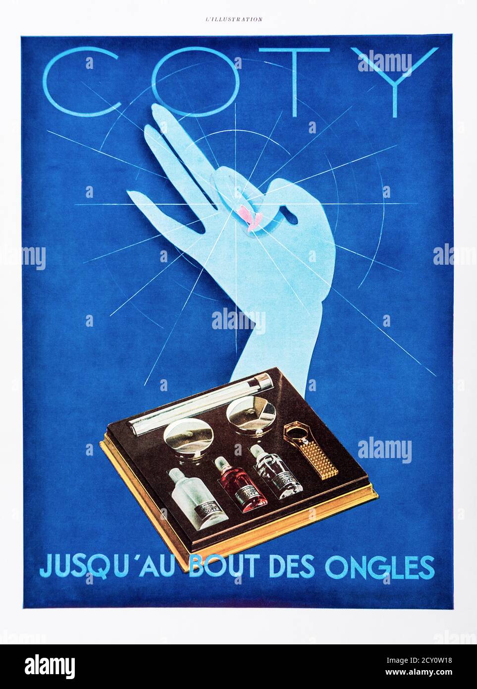 1930 Anzeige für 'Coty' Nagelprodukte aus der französischen Zeitschrift 'l'Illustration'. Stockfoto