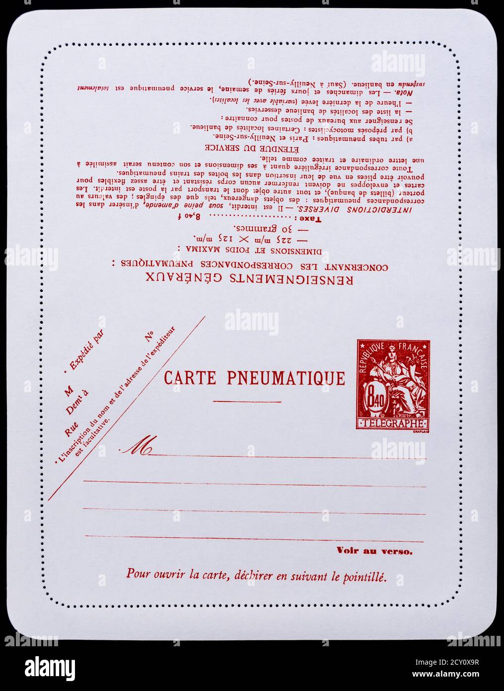 Unbenutztes 1977 französisches 'Carte pneumatique' gedrucktes Telegramm für die Pariser Post. Stockfoto