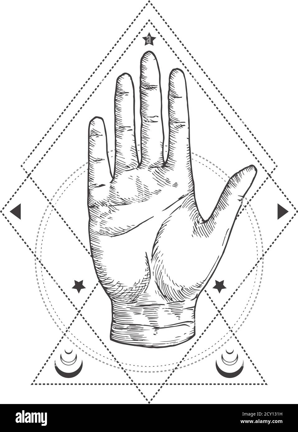 Abstraktes Okkult-Symbol, Vintage-Logo oder Tattoo-Vorlage. Handgezeichnete Handfläche Hand Sketch Symbol und geometrische Palmistry oder Chiromancy Mystical Magic Stock Vektor