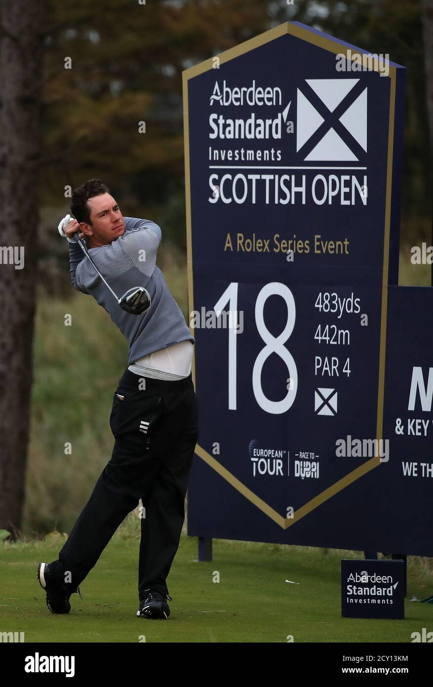 Der Neuseeländer Lucas Herbert am 18. Abschlag während der ersten Runde der Aberdeen Standard Investments Scottish Open im Renaissance Club, North Berwick. Stockfoto