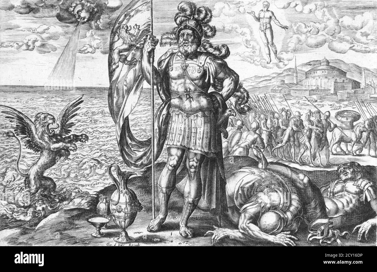 Nebukadnezar auf dem Schlachtfeld, Stich aus dem 16. Jahrhundert Stockfoto