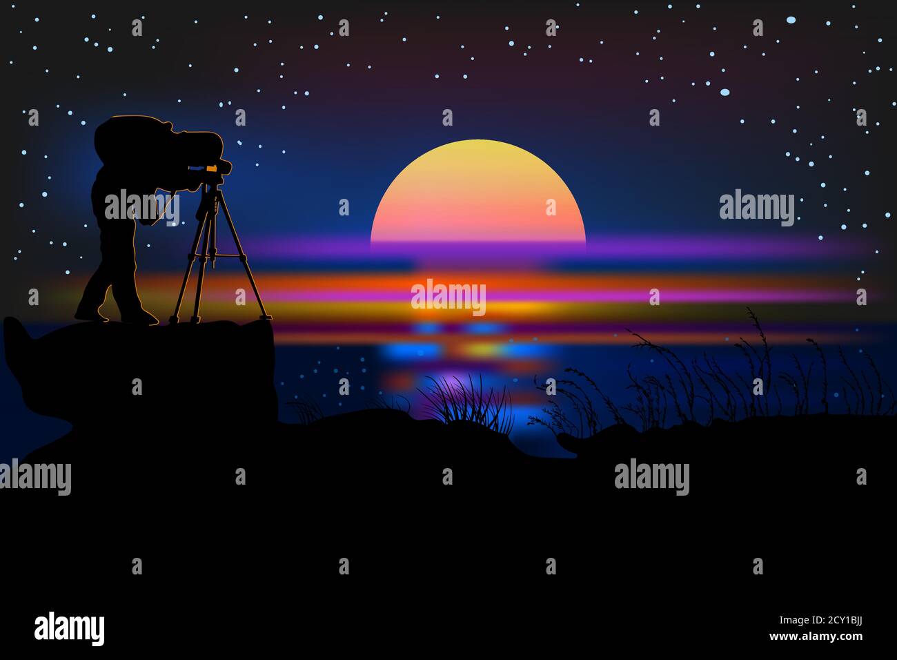 Fotograf mit Kamera Silhouette auf einem nächtlichen Hintergrund. Fotograf bei Nacht am Meer. Fotograf auf dem Hügel in der Dämmerung Zeit nach Sonnenuntergang shoo Stock Vektor