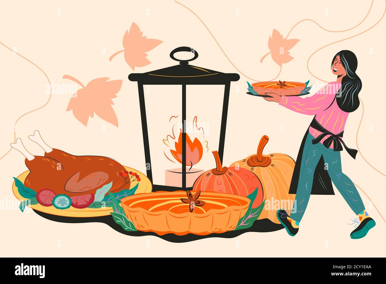 Herbst Thanksgiving Party oder Dinner Einladung Vorlage flach Vektor. Stock Vektor