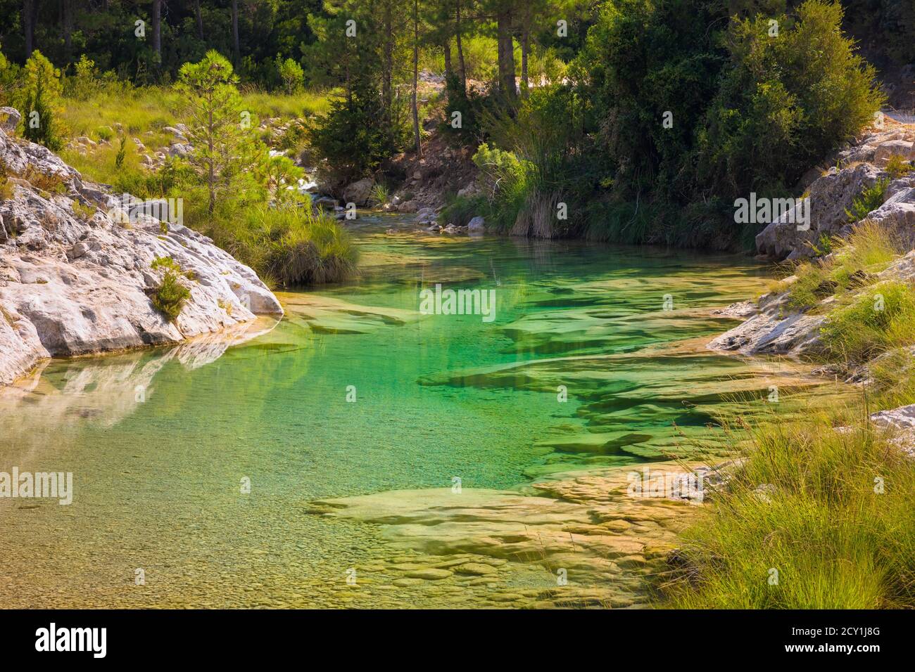 Blick auf das transparente, grüne Wasser des Flusses Ulldemó, im Gebiet von ​​La Pesquera in Beceite, Matarraña. Aragon, Spanien. Stockfoto
