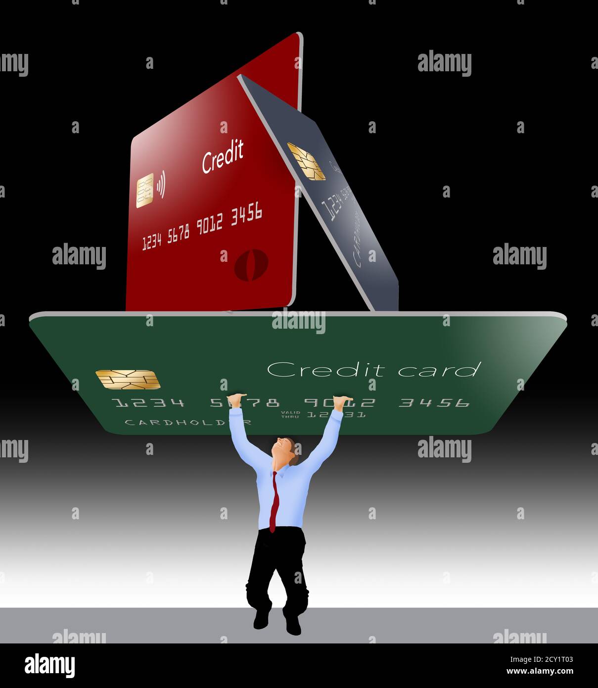 Ein Mann kämpft, um 3 riesige Kreditkarten, die Kreditkarten-Schulden darstellen zu halten. Stockfoto