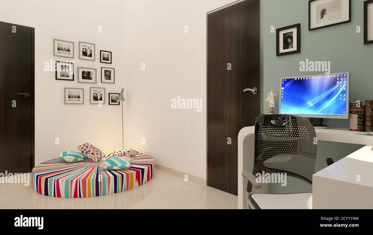 Innendarstellung Rendering von Schlafzimmer Dressing Bad Zeichnung Zimmer leben Küche im Zimmer Stockfoto