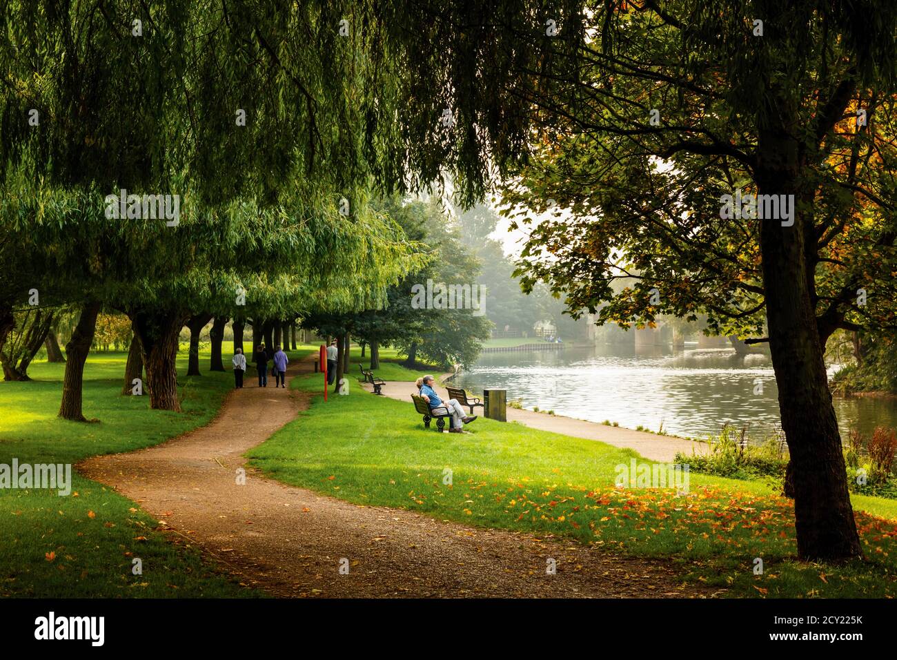 Stratford-upon-Avon, Warwickshire, England. Entspannung im Park am Fluss Avon. Stockfoto